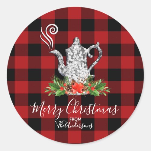 Red Black Rustic Buffalo Gingham Plaid Holiday Tea Classic Round Sticker