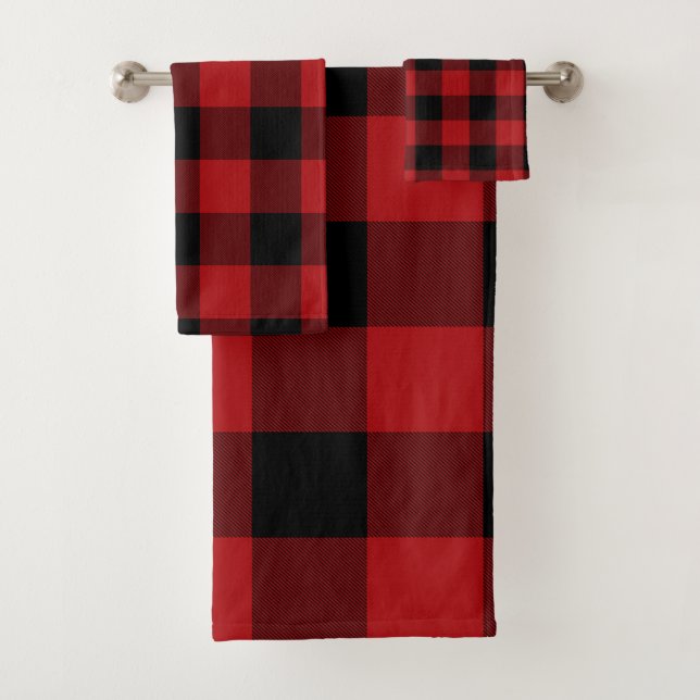 Red Black Rustic Buffalo Plaid Checkered Bath Towel Set (Insitu)