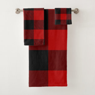 Red Black Rustic Buffalo Plaid Checkered Checks Bath Towel Set