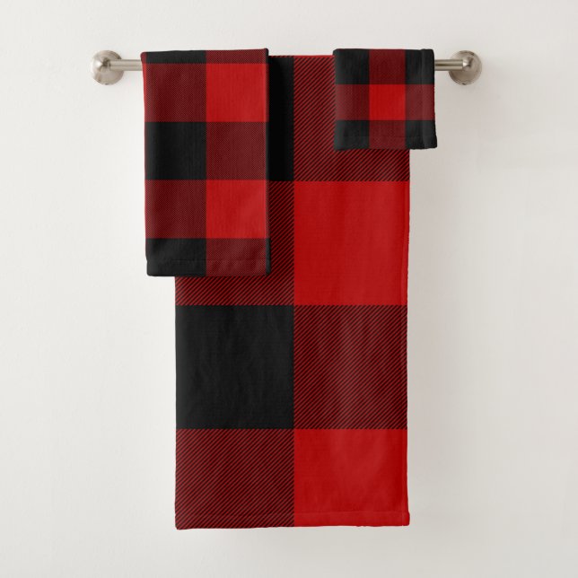 Red Black Rustic Buffalo Plaid Checkered Checks Bath Towel Set (Insitu)