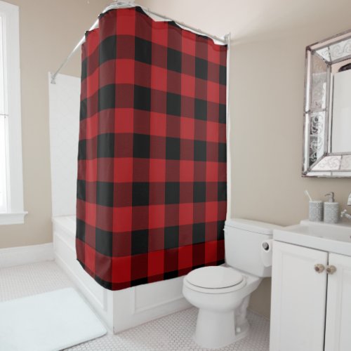 Red Black Rustic Buffalo Plaid Checkered Shower Curtain
