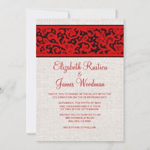 Red Black Rustic Country Burlap Wedding Invitation