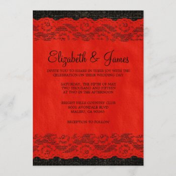 Red & Black Rustic Lace Wedding Invitations by topinvitations at Zazzle