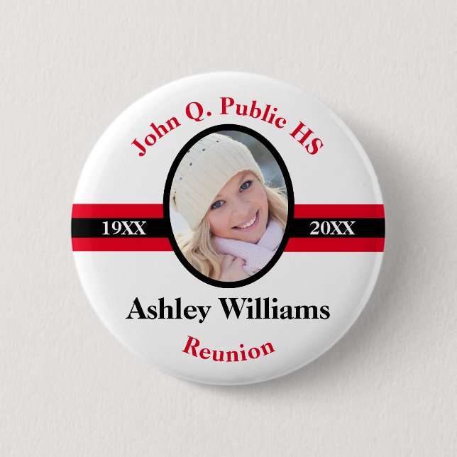 Red | Black School Class Reunion Photo Name Button (Front)