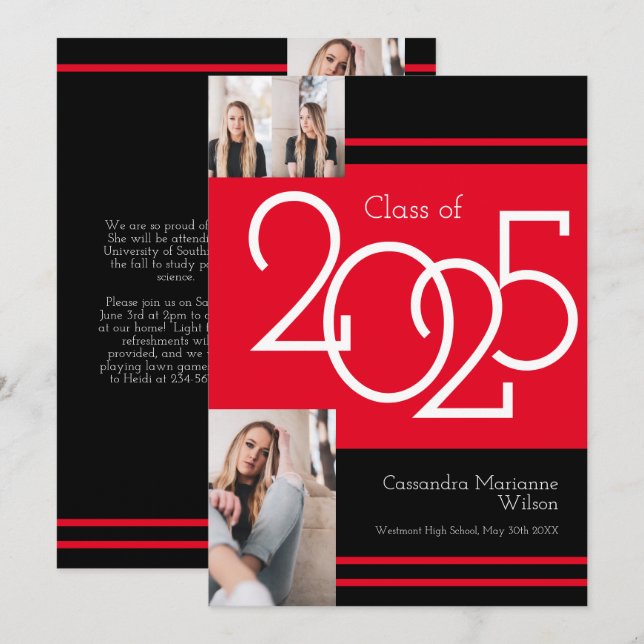 Red Black School Colors Graduation Announcement (Front/Back)