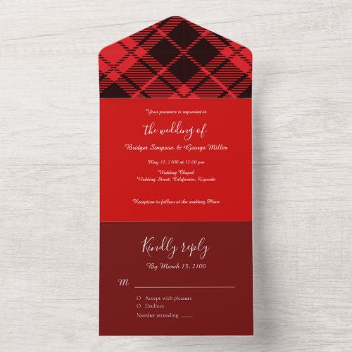 red black scottish celtic tartan wedding pattern all in one invitation