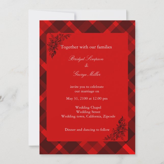 red black scottish celtic tartan wedding pattern invitation (Front)
