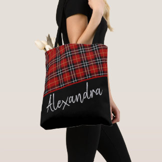 Red Black Scottish Tartan Pattern Personalized Tote Bag