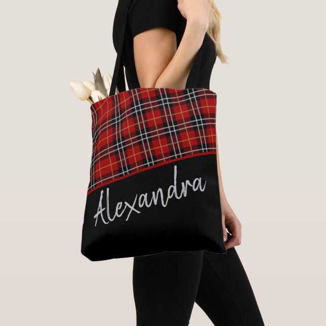 Red Black Scottish Tartan Pattern Personalized Tote Bag (Close Up)
