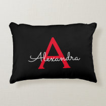 Red Black Script Girly Monogram Name Accent Pillow
