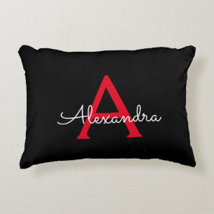 Red Black Script Girly Monogram Name Accent Pillow
