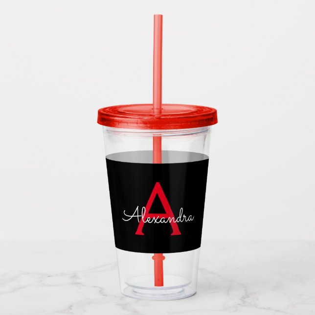Red Black Script Girly Monogram Name Acrylic Tumbler (Front)