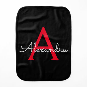 Red Black Script Girly Monogram Name Baby Burp Cloth
