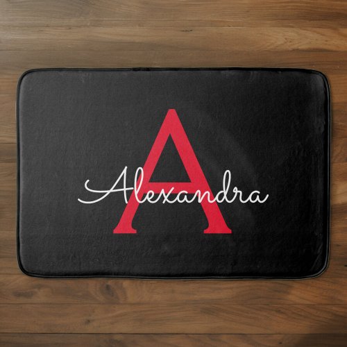 Red Black Script Girly Monogram Name Bath Mat