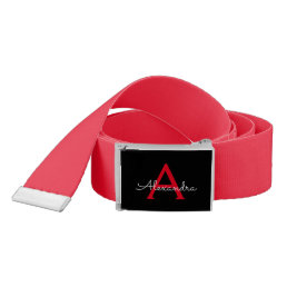 Red Black Script Girly Monogram Name Belt