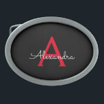 Red Black Script Girly Monogram Name Belt Buckle<br><div class="desc">Black and Red Simple Script Monogram Name Belt Buckle. This makes the perfect graduation,  sweet 16 16th,  18th,  21st,  30th,  40th,  50th,  60th,  70th,  80th,  90th,  100th birthday,  wedding,  bridal shower,  anniversary,  baby shower or bachelorette party gift for someone that loves glam luxury and chic styles.</div>
