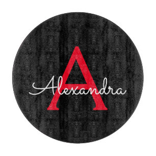 Red Black Script Girly Monogram Name Cutting Board