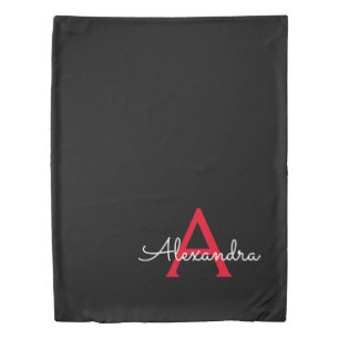 Red Black Script Girly Monogram Name Duvet Cover