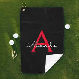 Red Black Script Girly Monogram Name Golf Towel