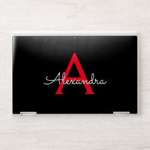Red Black Script Girly Monogram Name HP Laptop Skin