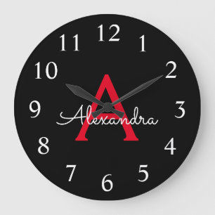 Red Black Script Girly Monogram Name Large Clock