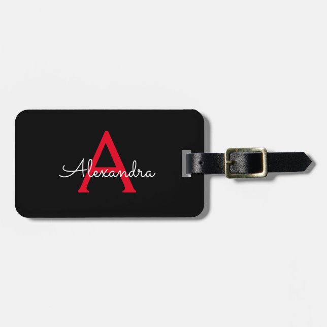 Red Black Script Girly Monogram Name Luggage Tag (Front Horizontal)