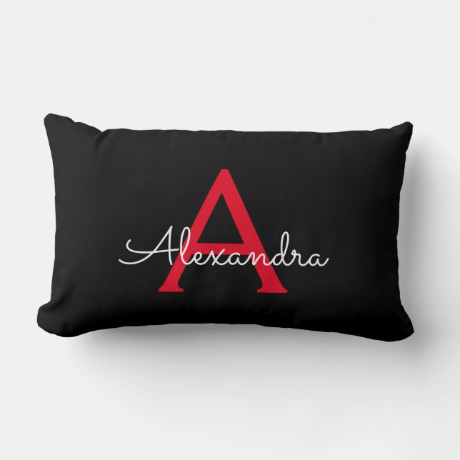 Red Black Script Girly Monogram Name Lumbar Pillow (Front)
