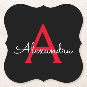 Red Black Script Girly Monogram Name Paper Coaster