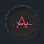 Red Black Script Girly Monogram Name Paper Plates<br><div class="desc">Red and Black Monogram Add Your Own Name Script Party Plates. This makes the perfect sweet 16 birthday,  wedding,  bridal shower,  anniversary,  baby shower or bachelorette party gift for someone that loves glam luxury and chic styles.</div>
