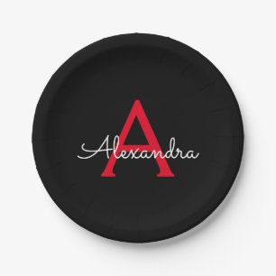 Red Black Script Girly Monogram Name Paper Plates