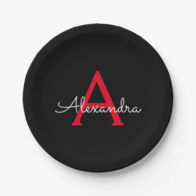 Red Black Script Girly Monogram Name Paper Plates (Front)