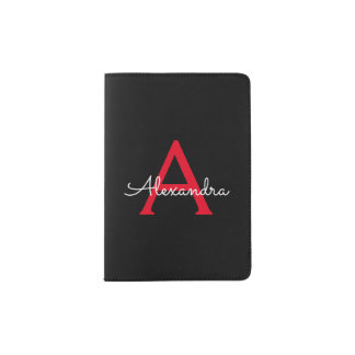 Red Black Script Girly Monogram Name Passport Holder