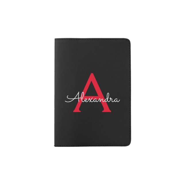 Red Black Script Girly Monogram Name Passport Holder (Front)