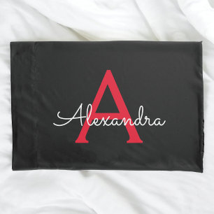 Red Black Script Girly Monogram Name Pillow Case