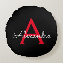 Red Black Script Girly Monogram Name Round Pillow