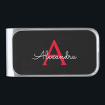 Red Black Script Girly Monogram Name Silver Finish Money Clip<br><div class="desc">Red and Black Simple Script Monogram Name Money Clip. This makes the perfect graduation,  sweet 16 birthday,  wedding,  bridal shower,  anniversary,  baby shower or bachelorette party gift for someone that loves glam luxury and chic styles.</div>