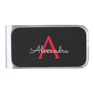 Red Black Script Girly Monogram Name Silver Finish Money Clip