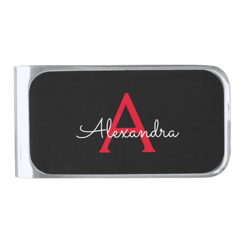 Red Black Script Girly Monogram Name Silver Finish Money Clip