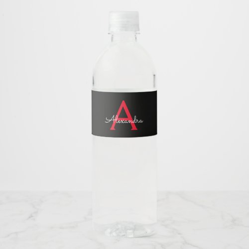 Red Black Script Girly Monogram Name Water Bottle Label