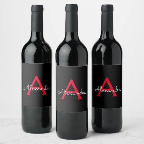 Red Black Script Girly Monogram Name Wine Label