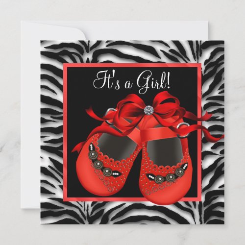 Red Black Shoes Red Zebra Baby Girl Shower Invitation