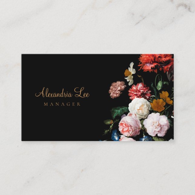 Red Black Side Floral Black Business Card Wedding (Front)