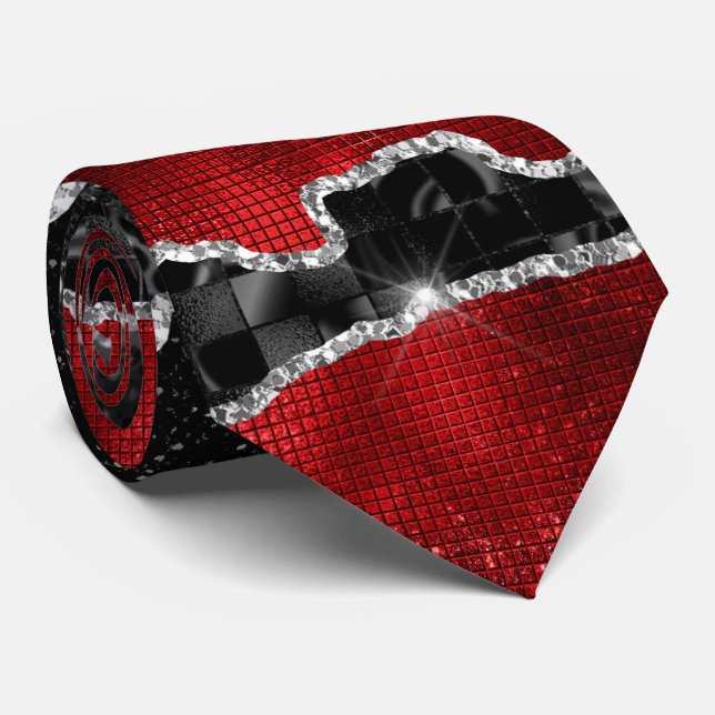 Red black silver agate glitter marble look elegant neck tie (Rolled)