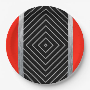 Red, black, silver and white stripes paper plates