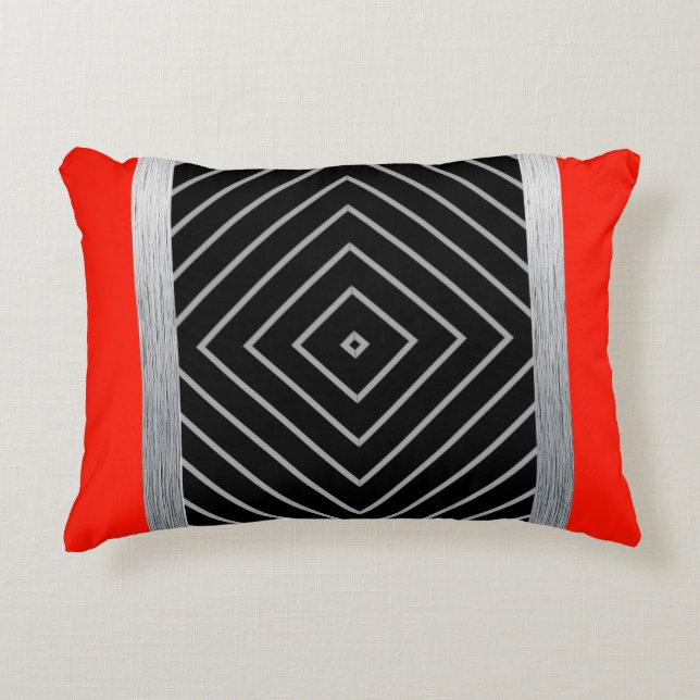 Red, black, silver and white stripes throw pillow (Front)