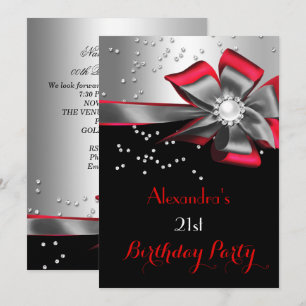 Red Black Silver Bow Pearl Birthday Party Invitation