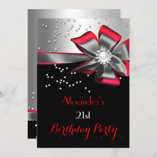 Red Black Silver Bow Pearl Birthday Party Invitation