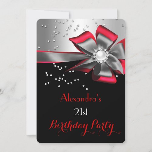 Red Black Silver Bow Pearl Birthday Party Invitation