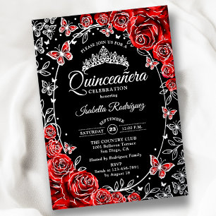 Red Black Silver Butterflies Roses Quinceanera Foil Invitation
