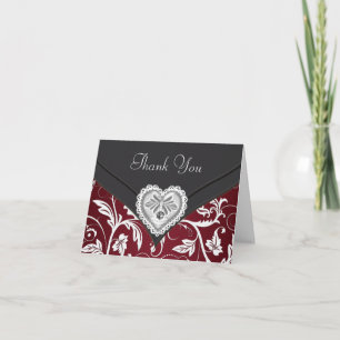 Red Black Silver Diamond Heart Thank You Cards
